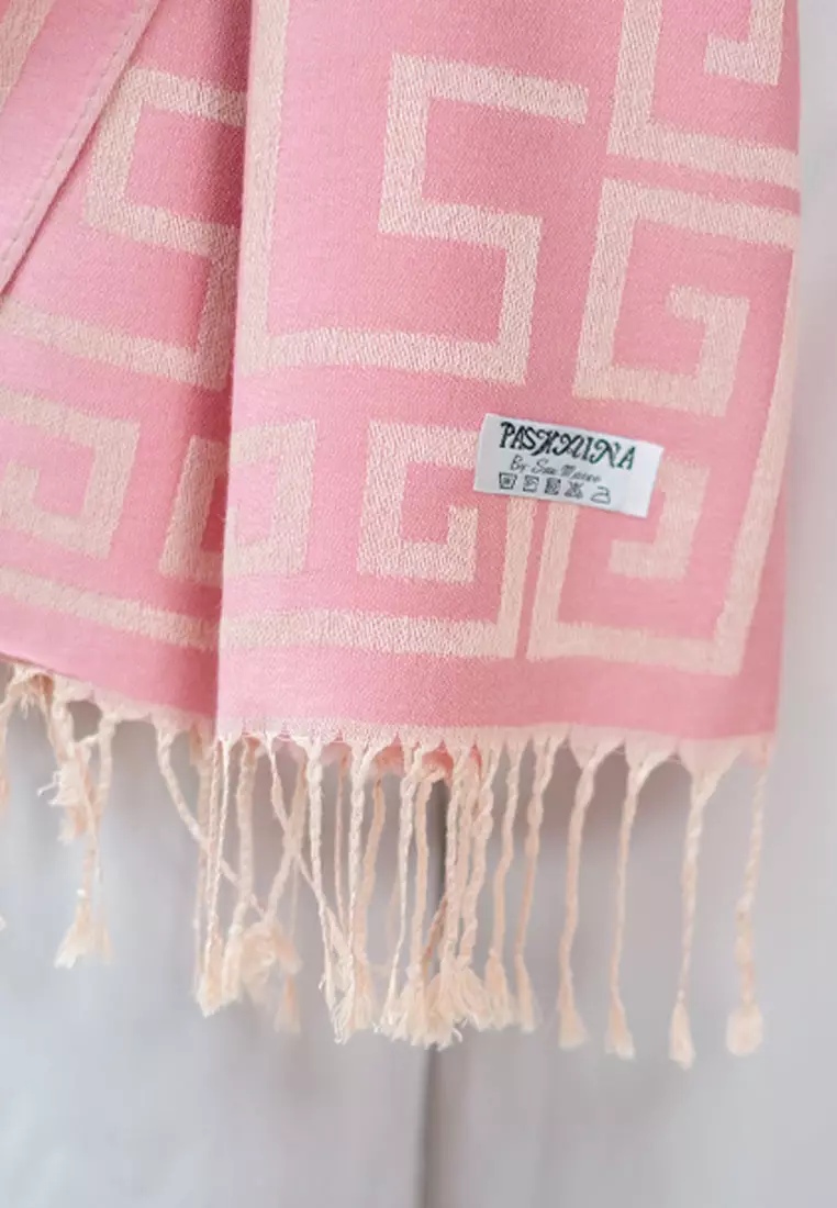 Aksesoris Wanita Reversible Viscose Geometric Maze Pattern Pashmina Shawl Syal Wanita Radiant Rose Pink