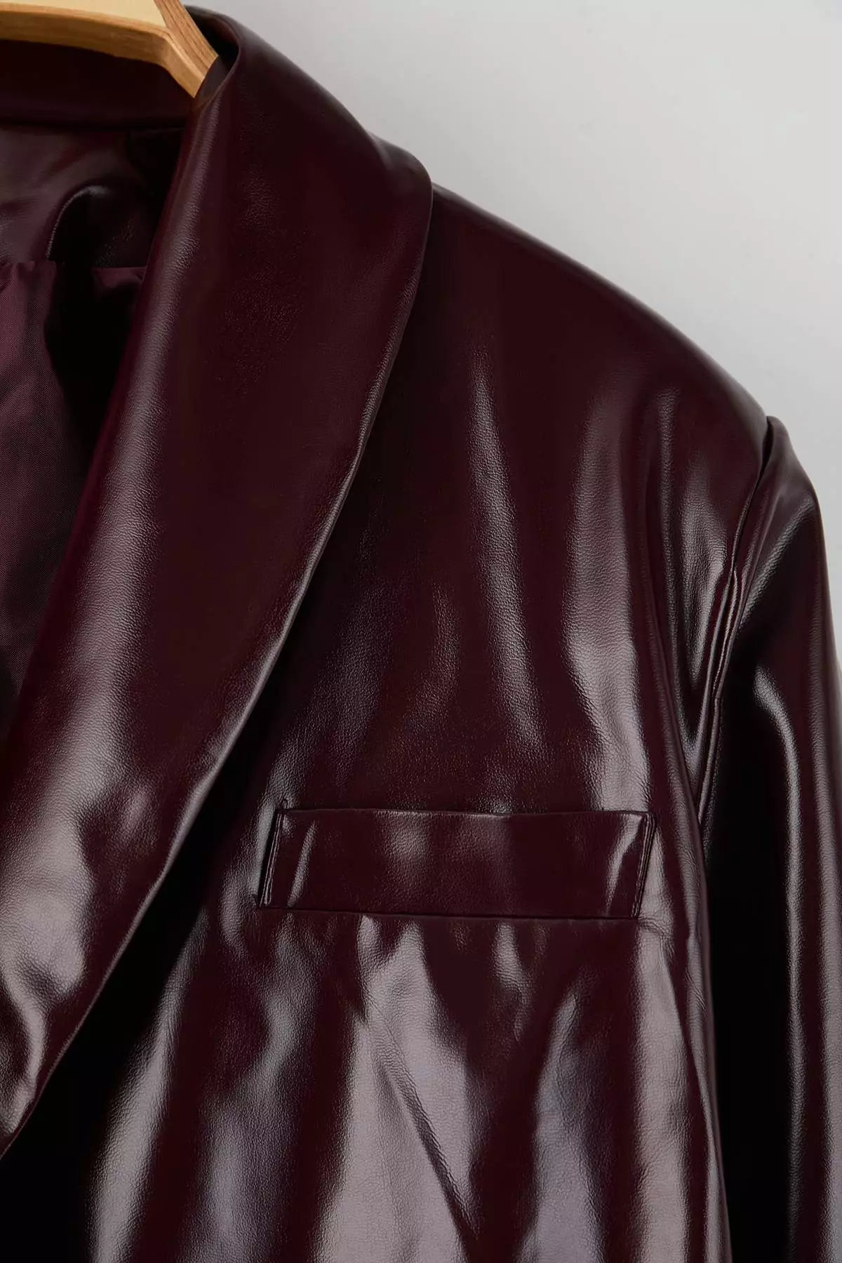 Burgundy Belted Double Breasted Closure Faux Leather Blazer Jacket Tbbaw26Ag00041