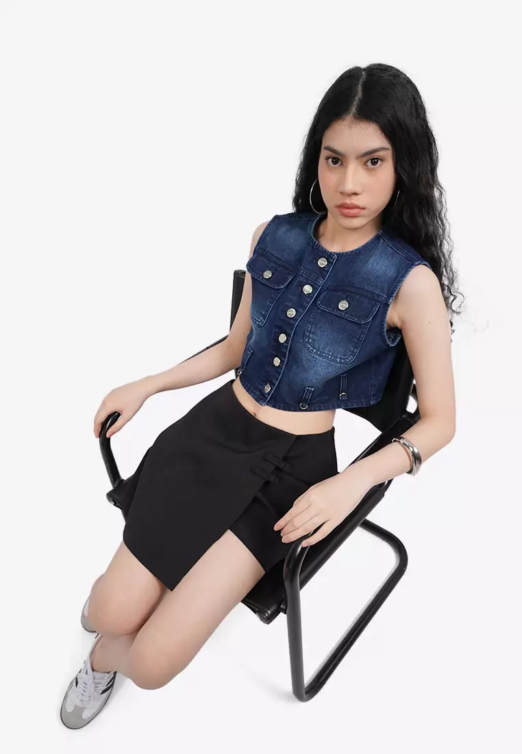 Button Up Denim Cropped Top