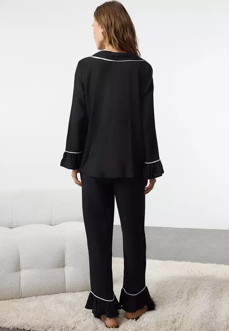 Lace and Flounce Detail Woven Pajama Set