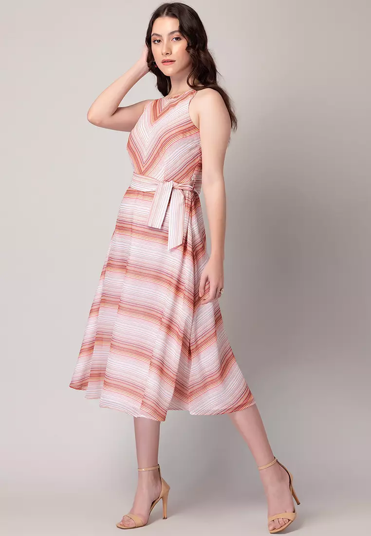 White Striped Midi Dress With Belt