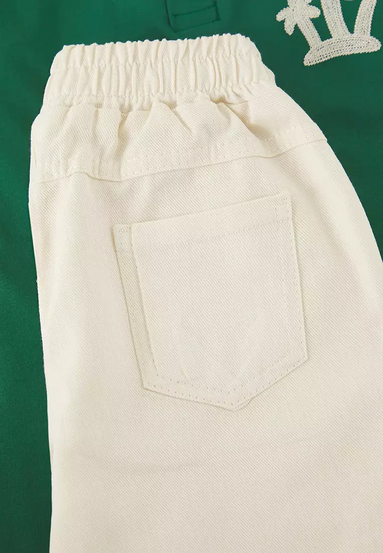 Embroidered Polo Collar Short Sleeve Knitted Top-Bottom Set
