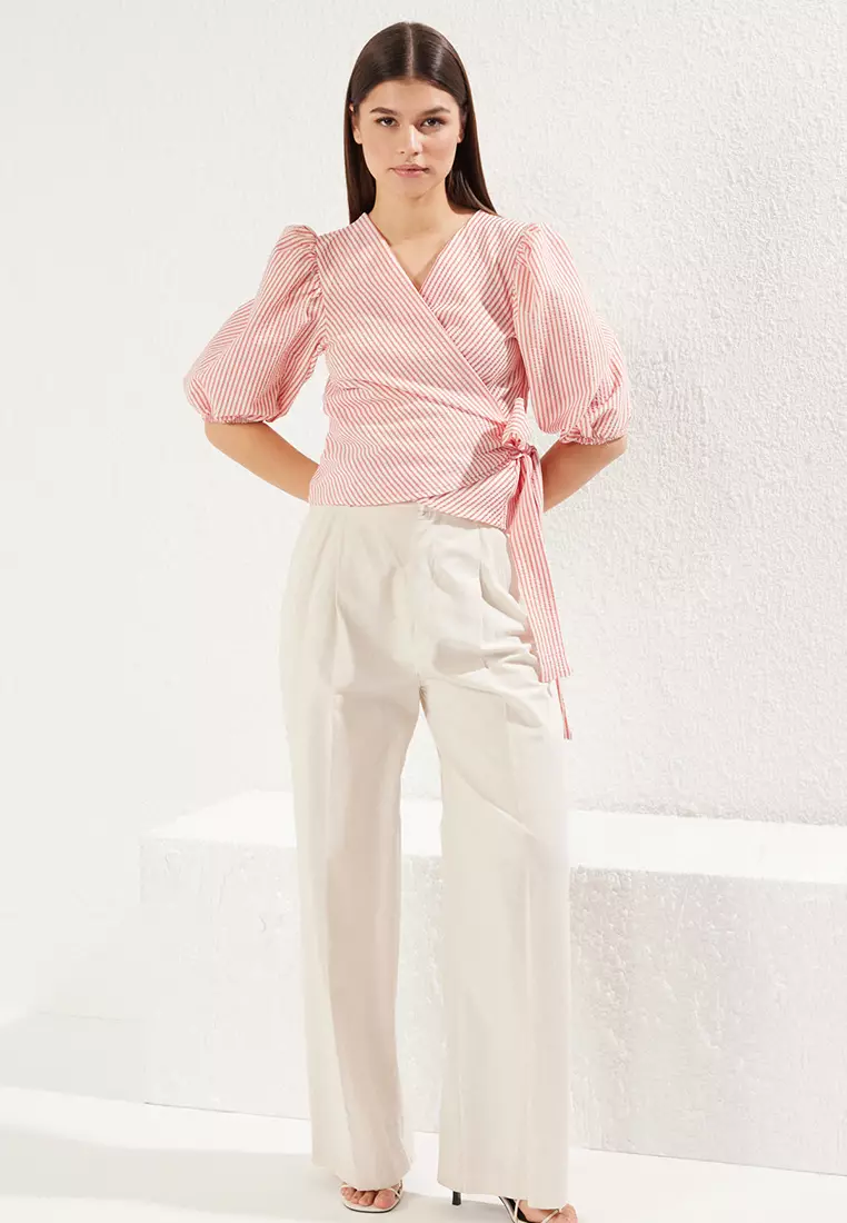 Double Breasted Tie Detail Seersucker Fabric Woven Blouse