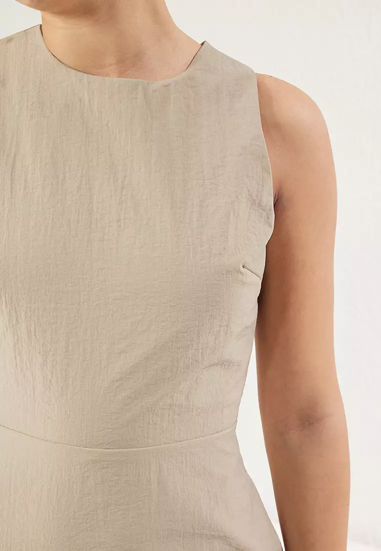 Dark Beige A Cut Back Detail Midi Woven Dress