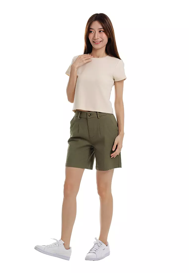 Forest Ladies Stretchable Pleated Bermuda Shorts Pants - 870151-48Olive