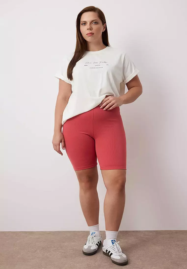 Anthracite-Dry Rose High Waist 2-Pack Biker Ribbed Knit Plus Size Leggings Tbbss24Bv00000