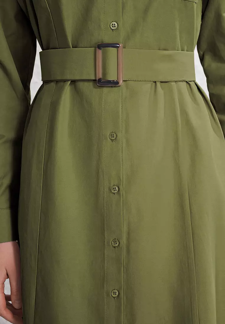 Khaki Belt Buckle Detailed Woven Terrycotton Dress Tctss25Eb00134