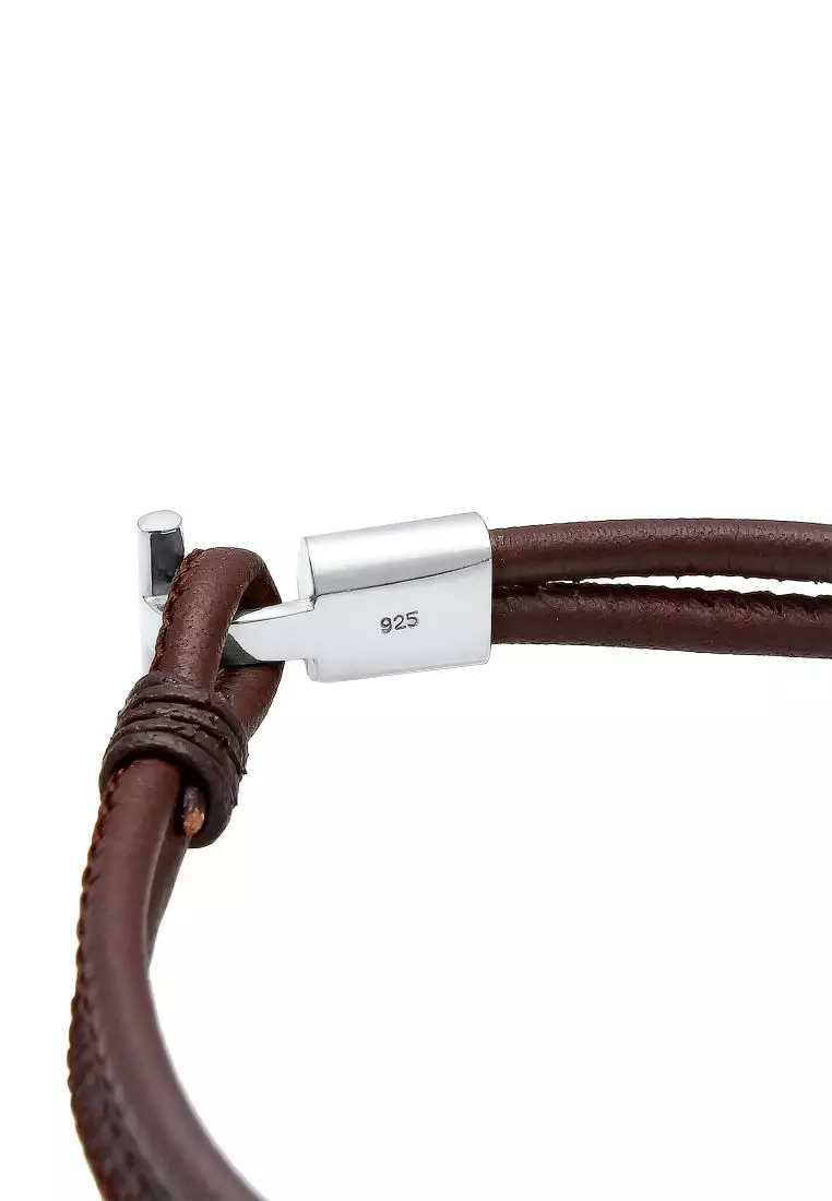 EXCLUSIVE Perhiasan Pria Perak Asli - Silver Gelang Layered Genuine Leather Knot Brown