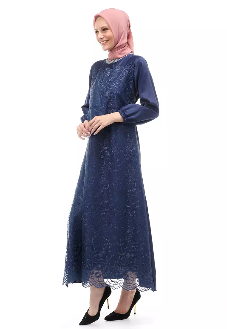 Monita Gamis Brokat Tile Wanita Muslimah Regular Fit - Navy
