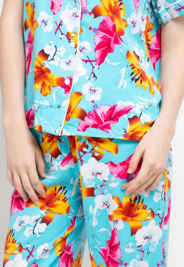 Pyjama Baju Tidur Set  Short  Sleeve  Long Pants Satin Sleepwear