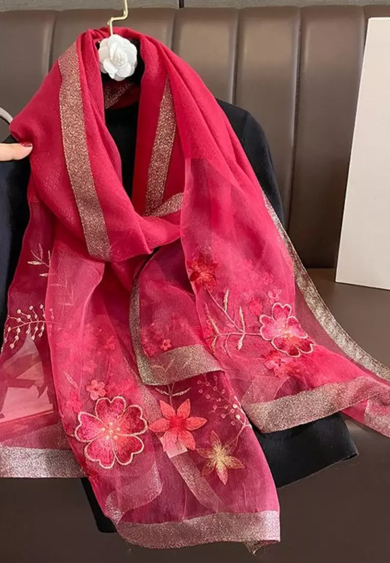 Golden Thread Embroidery Flowery Silk Shawl Syal Sutra Wanita DeepRed