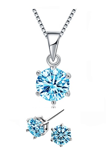 YOUNIQ silver YOUNIQ Hexa 925 Sterling Silver Necklace Pendant With Brilliant Cut Blue Cubic Zirconia & Earrings Set 9342FACE9893E6GS_1