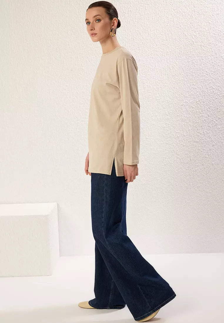 Tan Beige Long Sleeve Slit Detailed Knitted T-Shirt TCTSS25RT00000