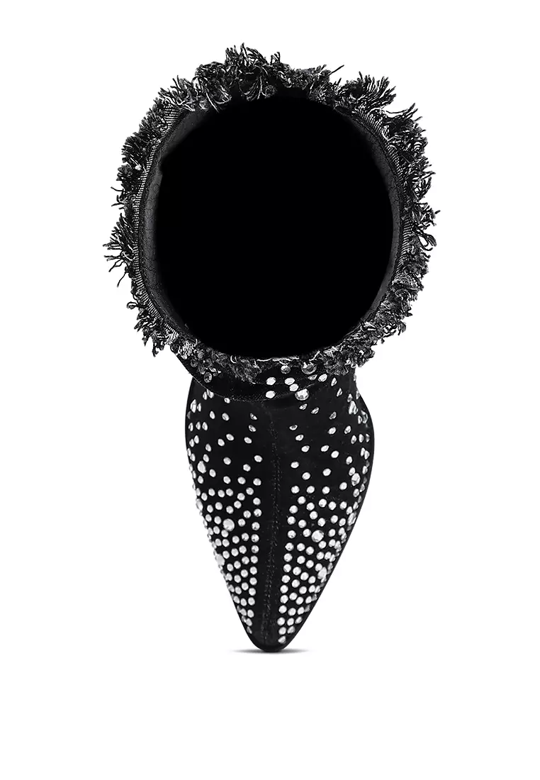 Diamante & Rhinestones Denim Boots in Black