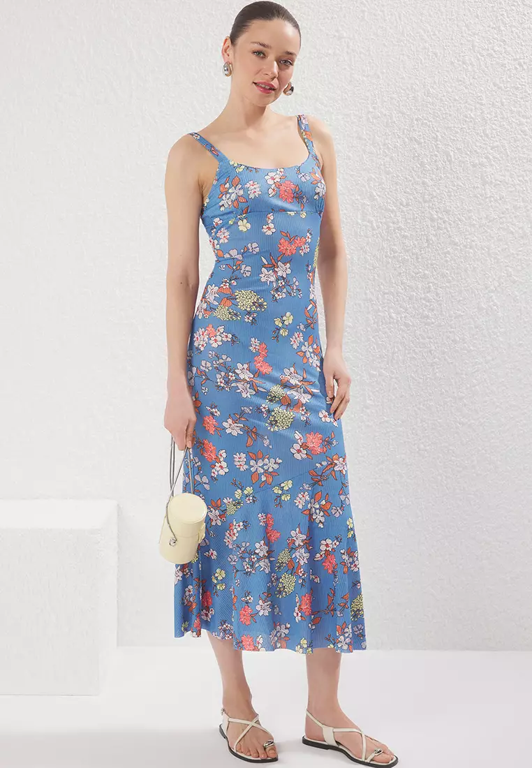 Indigo Strappy Fitted Elastic Ribbed Knitted Maxi Pencil Dress TWOSS24EL00682