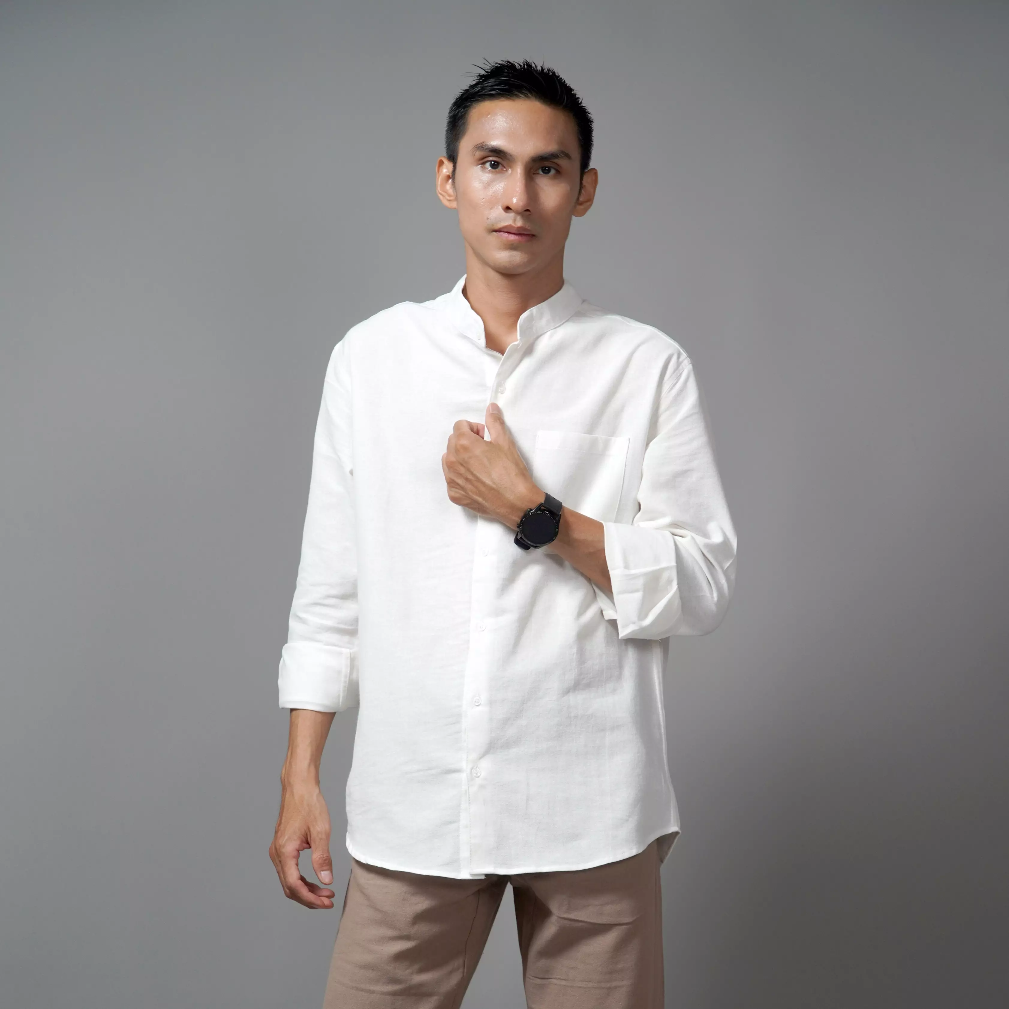  ASHRAF Kemeja Pria Casual Linen Baju Koko Kemeja Lengan Panjang - Brokenwhite
