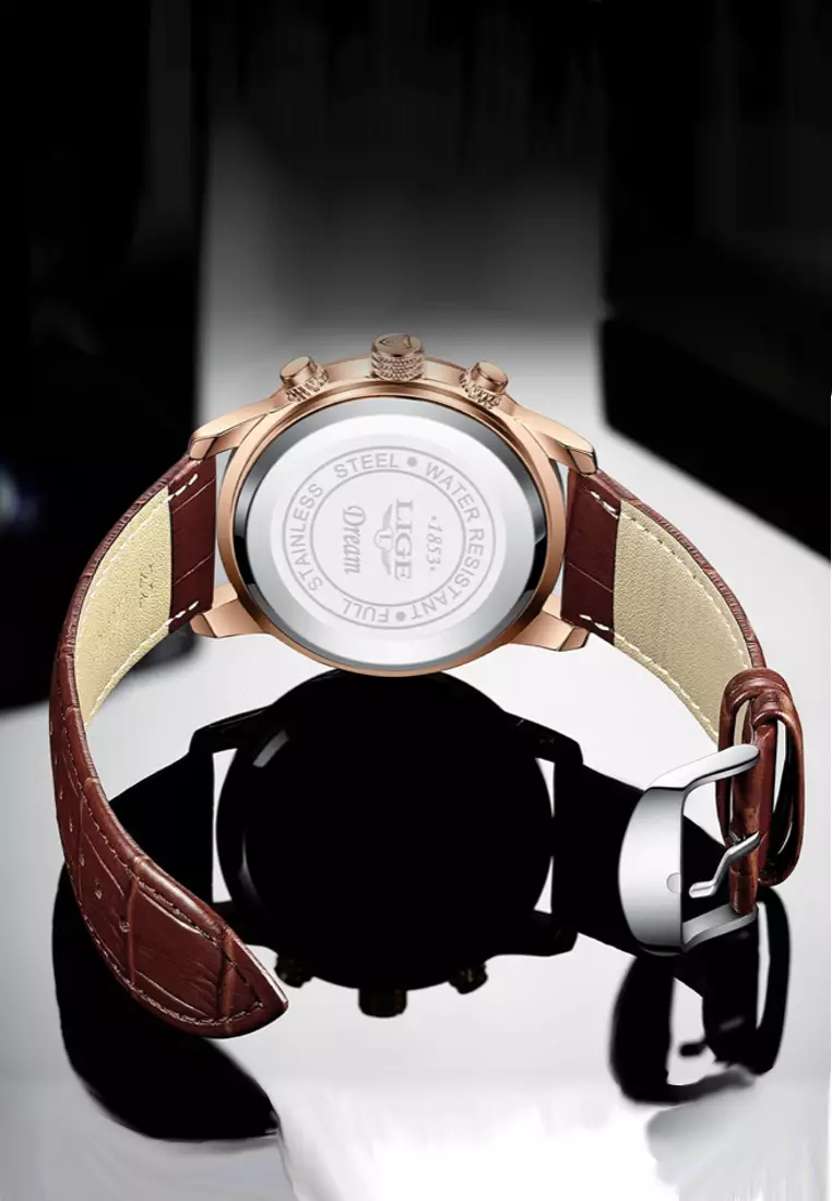 Chronograph, Unisex, IP Rose Gold Stainless Steel Quartz Watch 43mm, white dial, on Brown Leather Strap