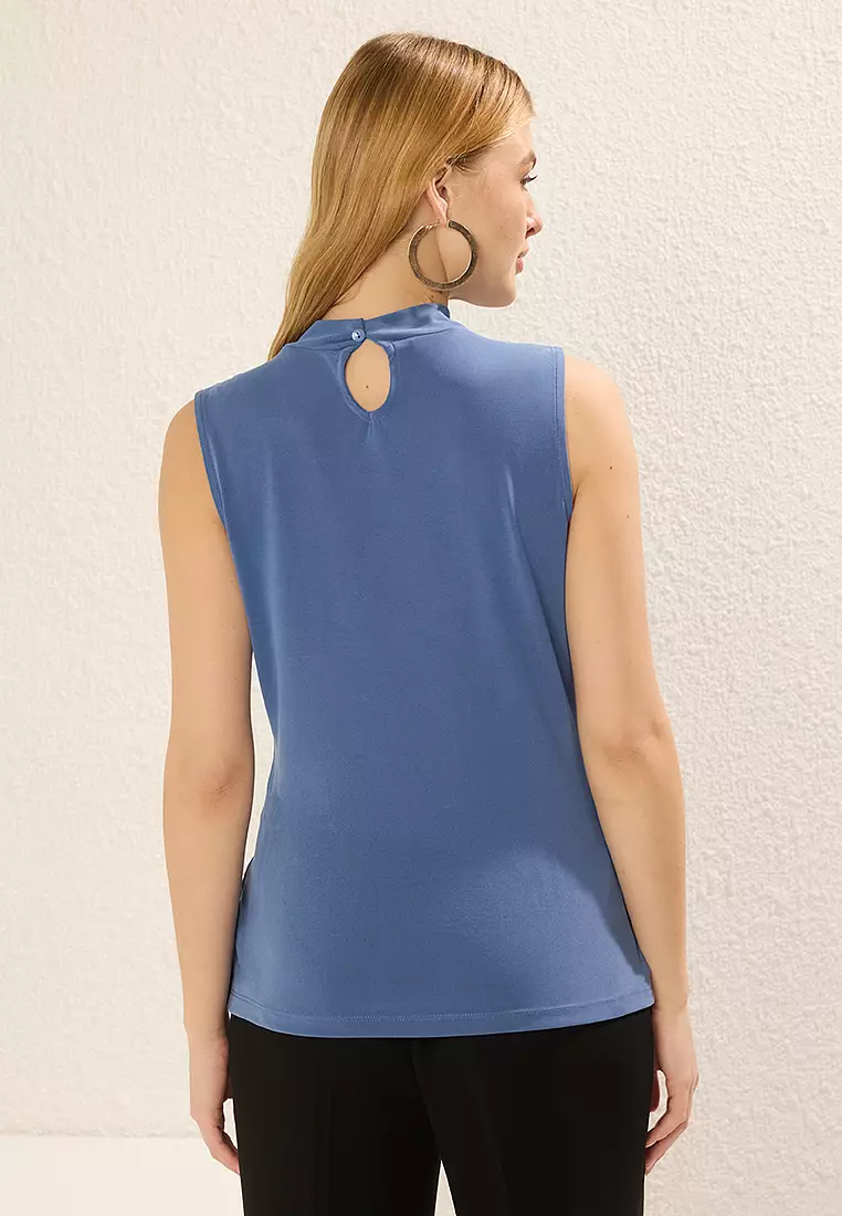 Indigo Stand Collar Gathered And Slit Detailed Knitted Blouse