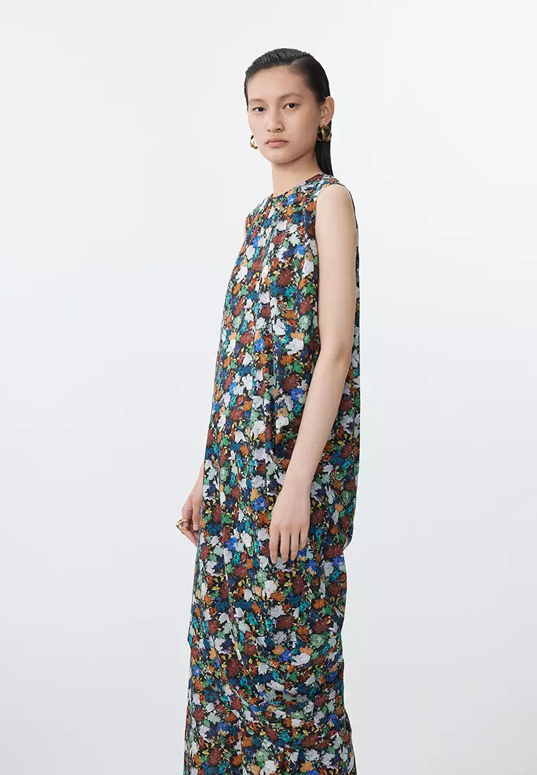 全棉未來主義花朵花型無袖連衣裙