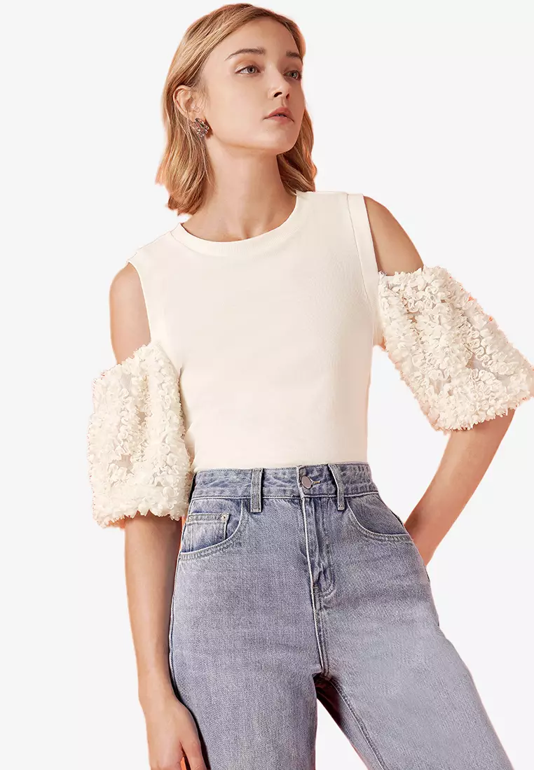 Cross neck cold online shoulder cotton blend sweater