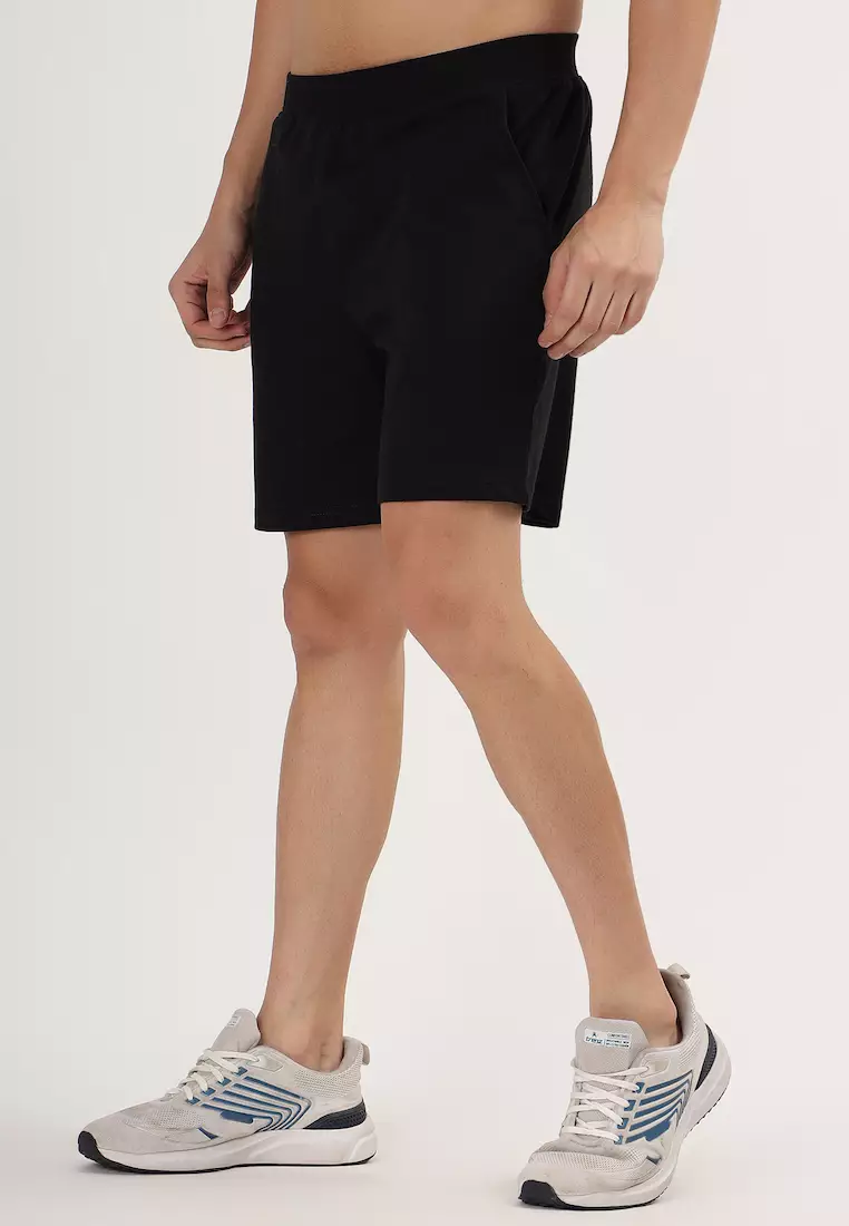 男士黑色棉质抽绳口袋短裤，休闲运动服，跑步，舒适