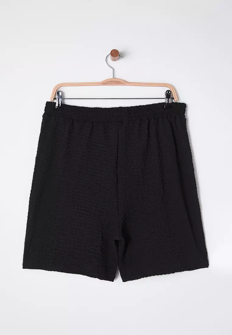 Black Relaxed Fit Textured Fabric Plus Size Knitted Shorts & Bermuda TBBSS25AP00005