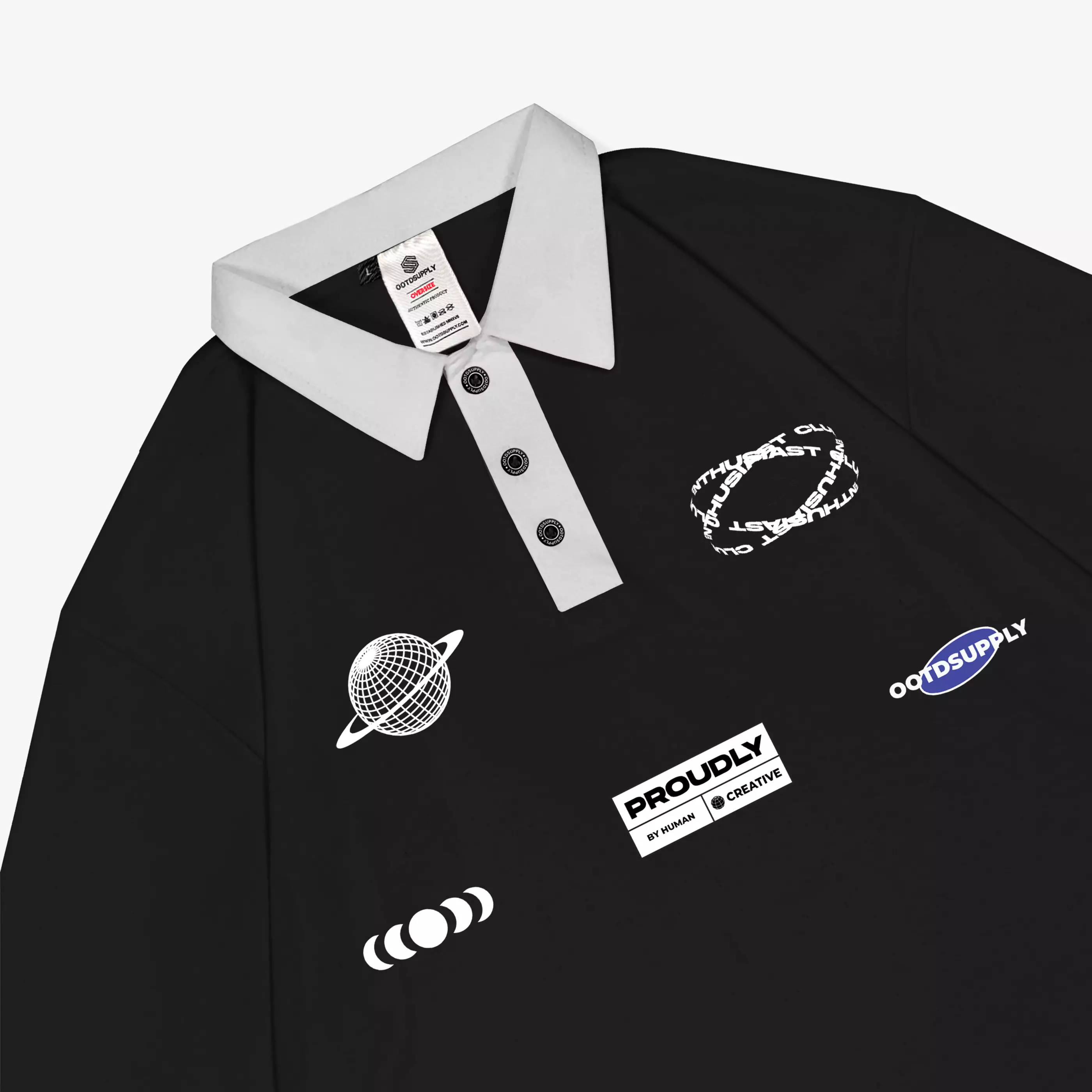 OOTDSUPPLY Oversize Polo Shirt Enthusiast Univercity White Collar l Kaos Polo Pria dan Wanita OVZ-PS018