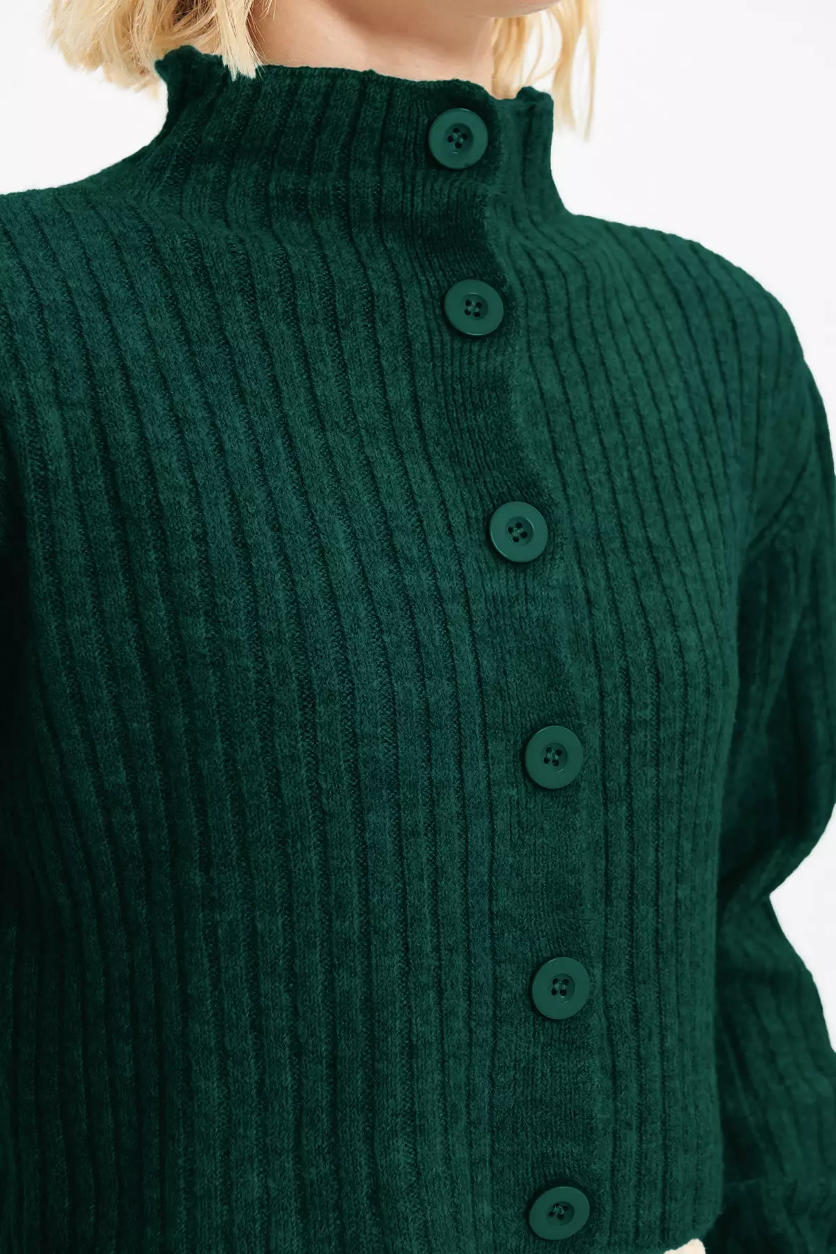 Emerald Green Crop Soft Textured Stand Collar Knitwear Cardigan