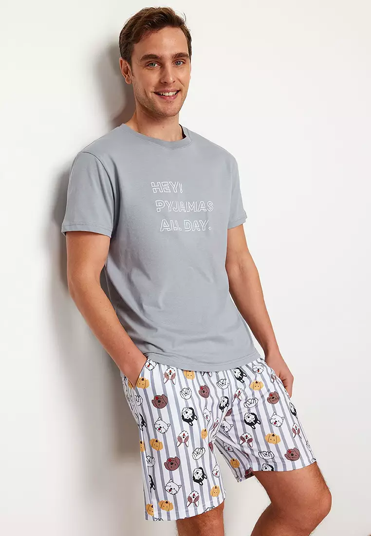 Gray Regular Fit Printed Knitted Shorts Pajamas Set TMNSS23PT00000
