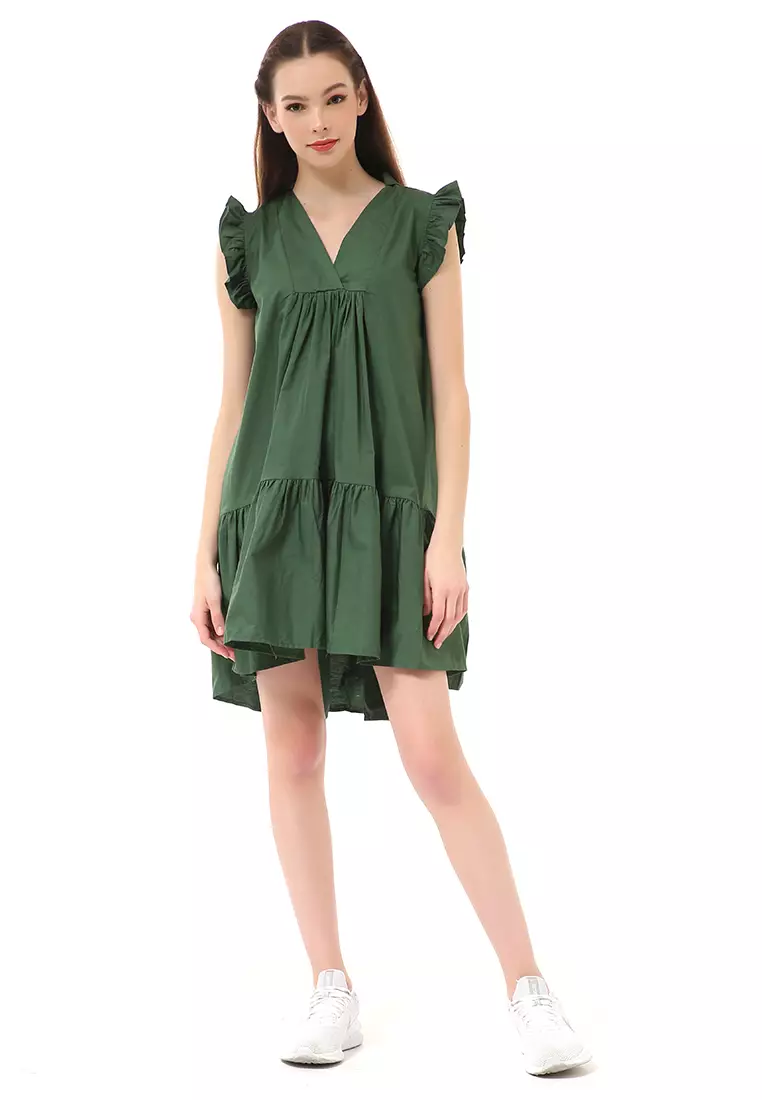 Rachel Mini Dress Ruffle Wanita Lengan Pendek Motif Polos Material Cotton ORIGINAL - Forest Green