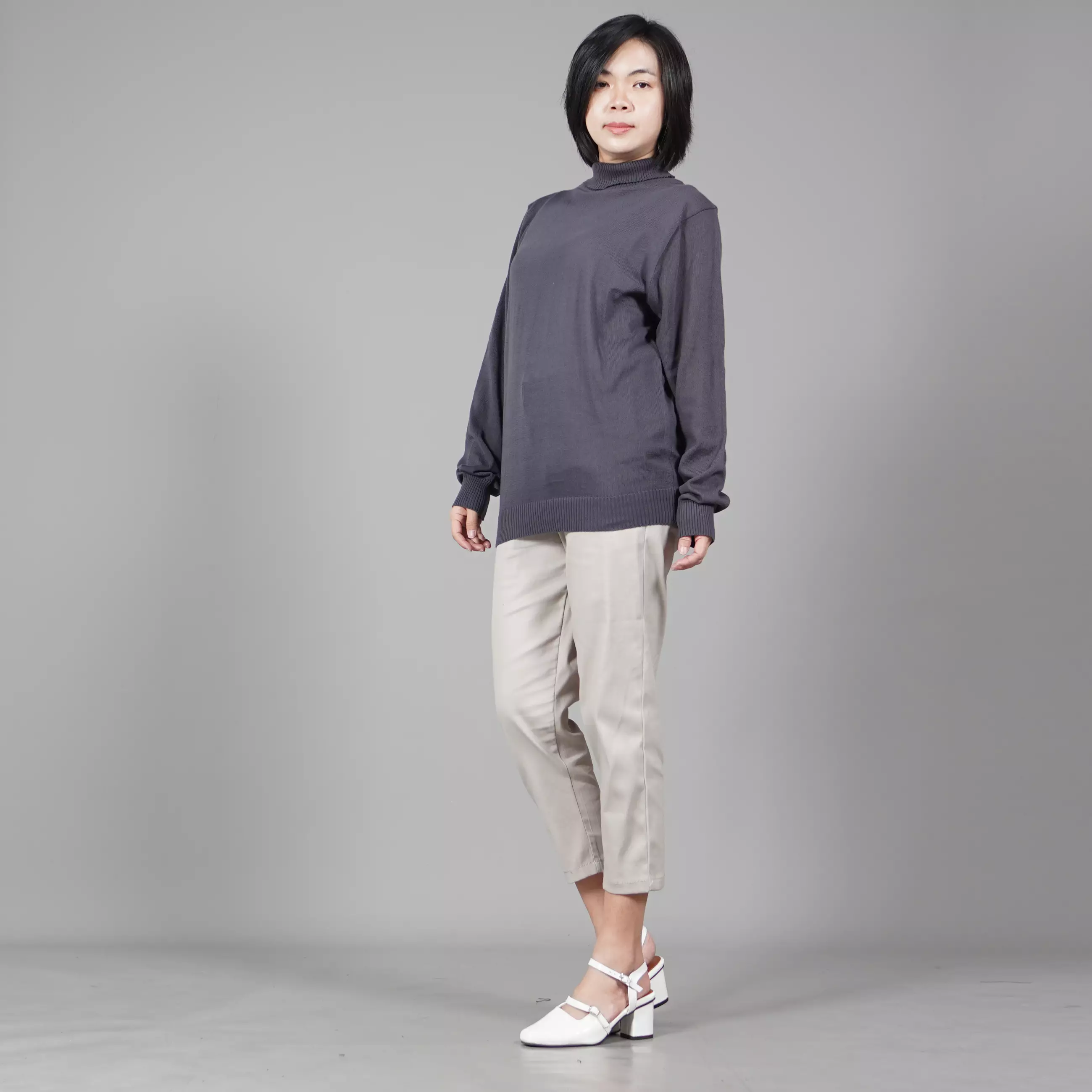  JEHOON High Neck Knit Outer Wanita Knit Turtle Neck Wanita Sweater Rajut - ABU TUA