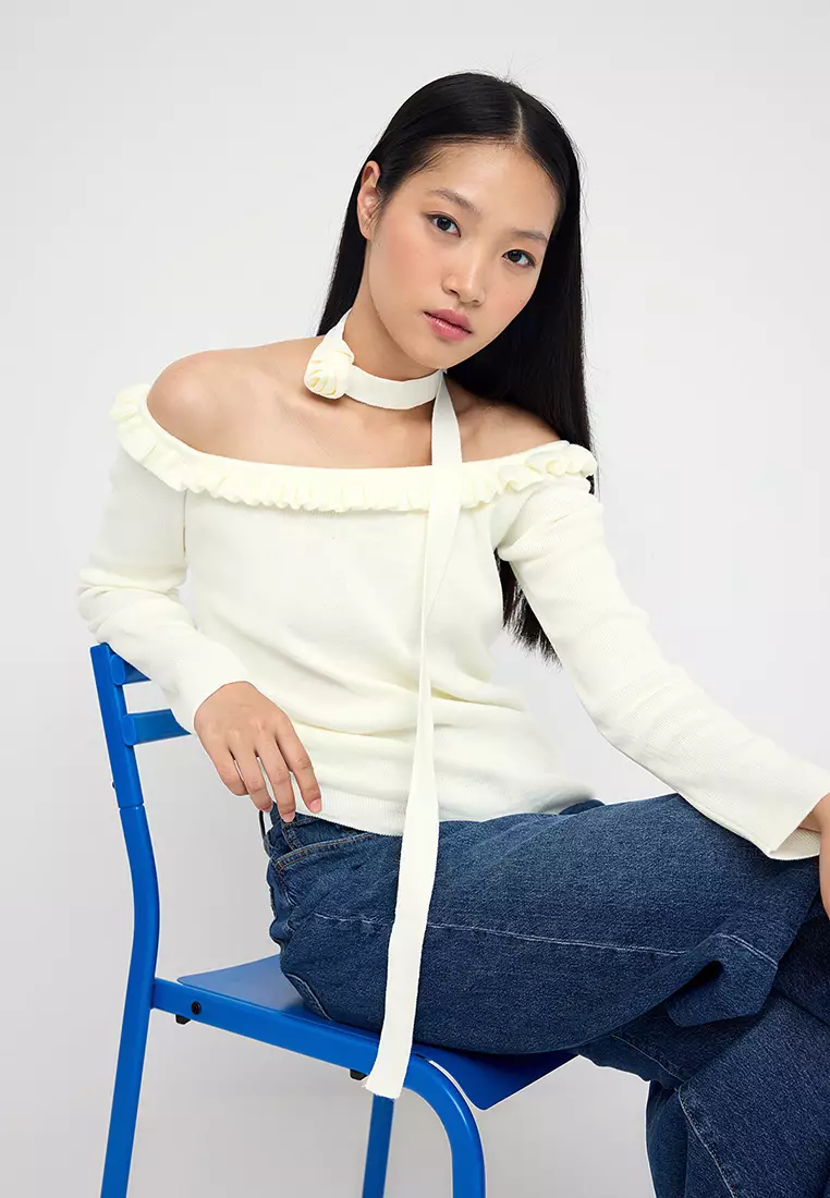 Teen Ecru Carmen Rose Collar Scarf Accessory Knitwear Body Sweater