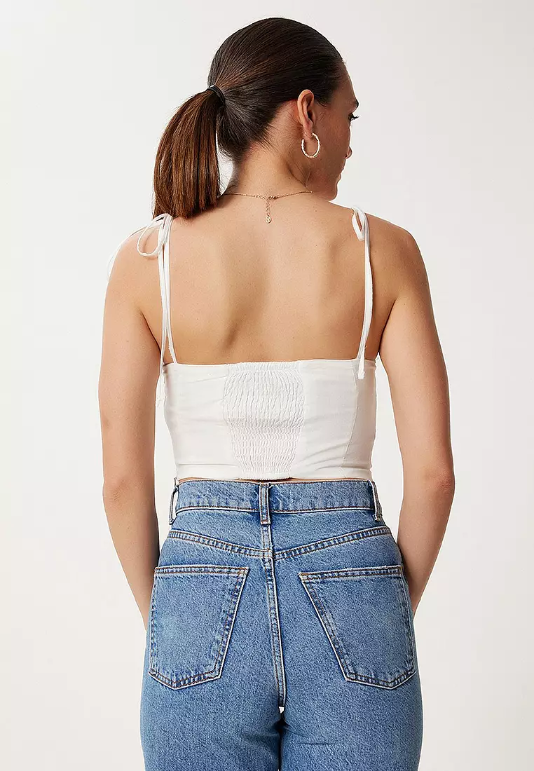 Drawstring Detailed Strappy Cotton Crop Bustier