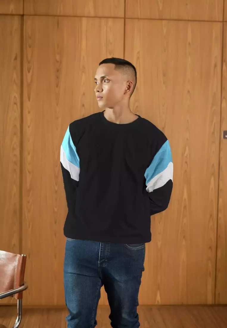 Kale Dael Black Dusty Blue/ Sweater Pria Bahan Baby Terry Premium Kombinasi