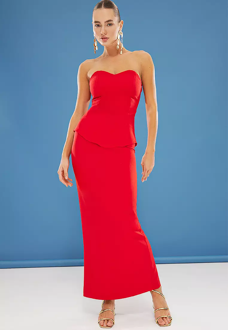 Red Strapless Woven Stylish Top Bottom Set