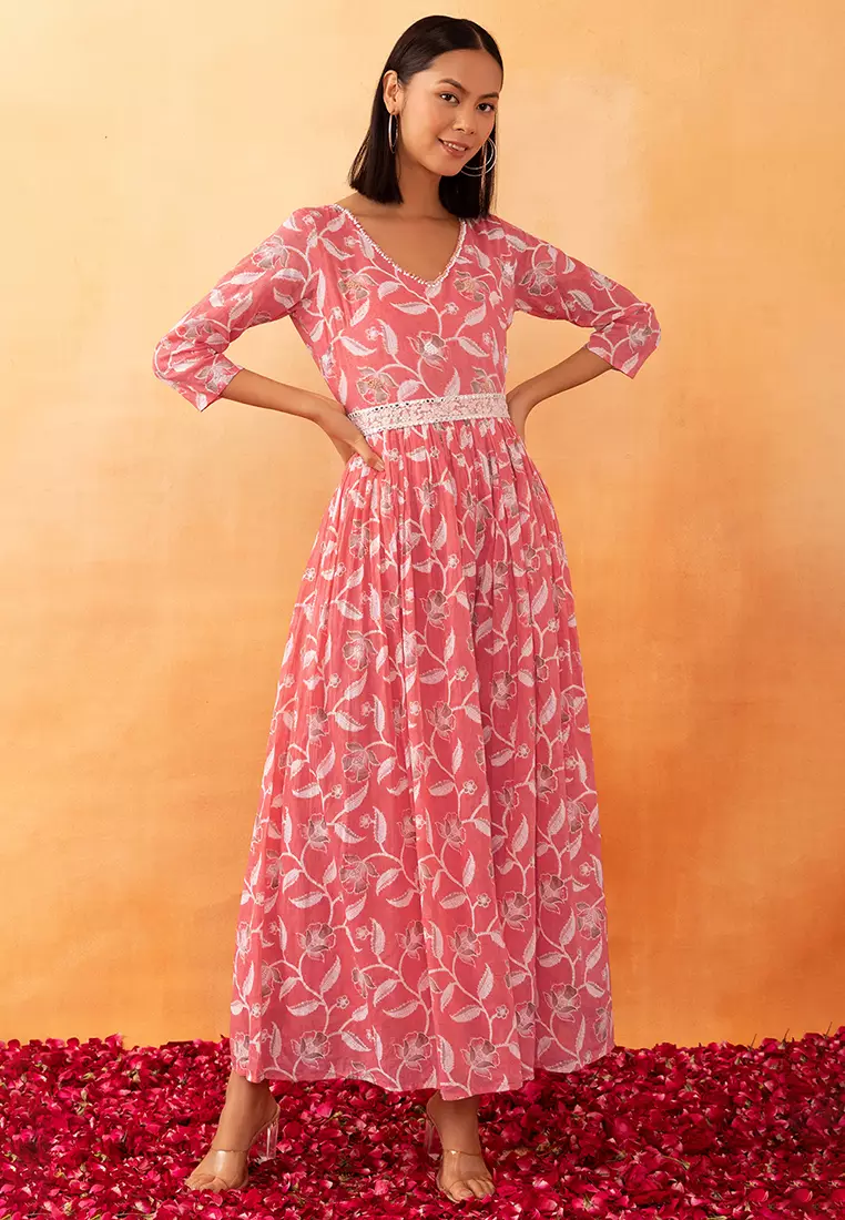 Peach Floral Print Embroidered Mulmul Jumpsuit