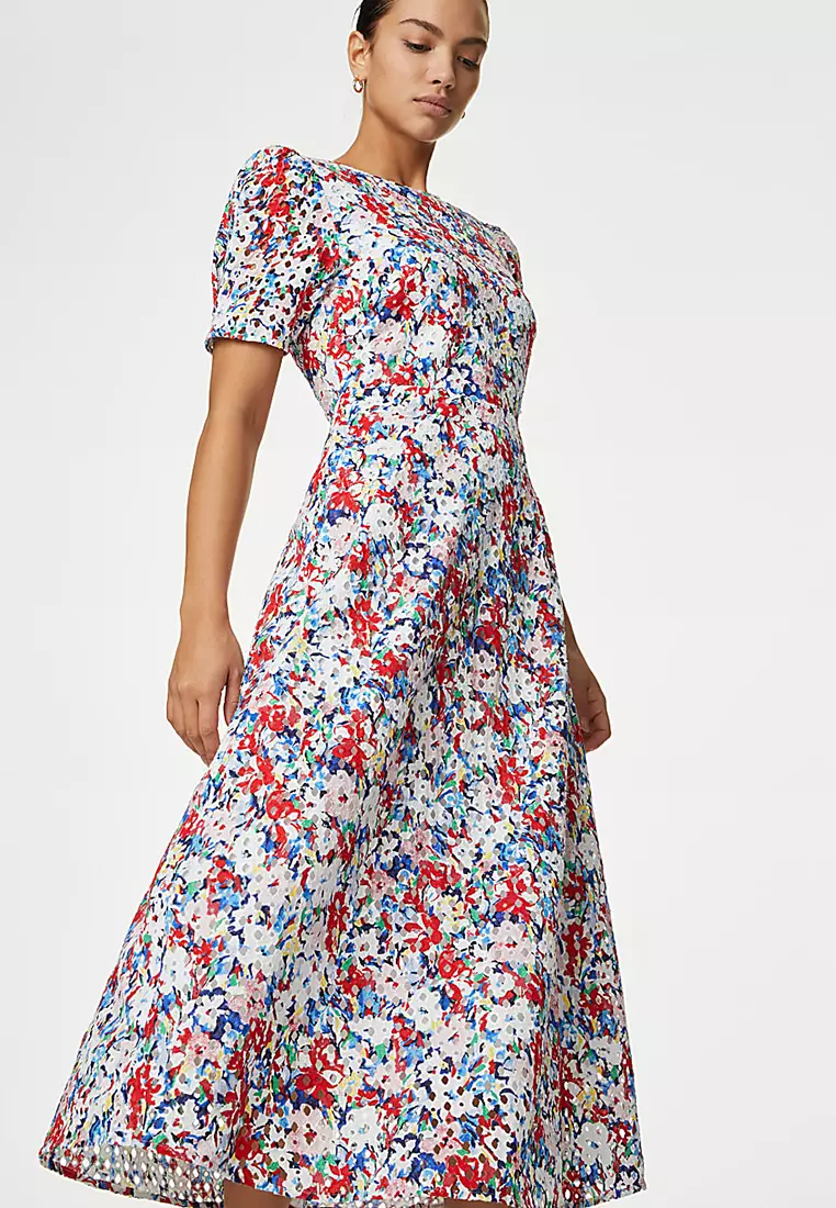 Pure Cotton Floral Cutwork Detail Midi Tea Dress