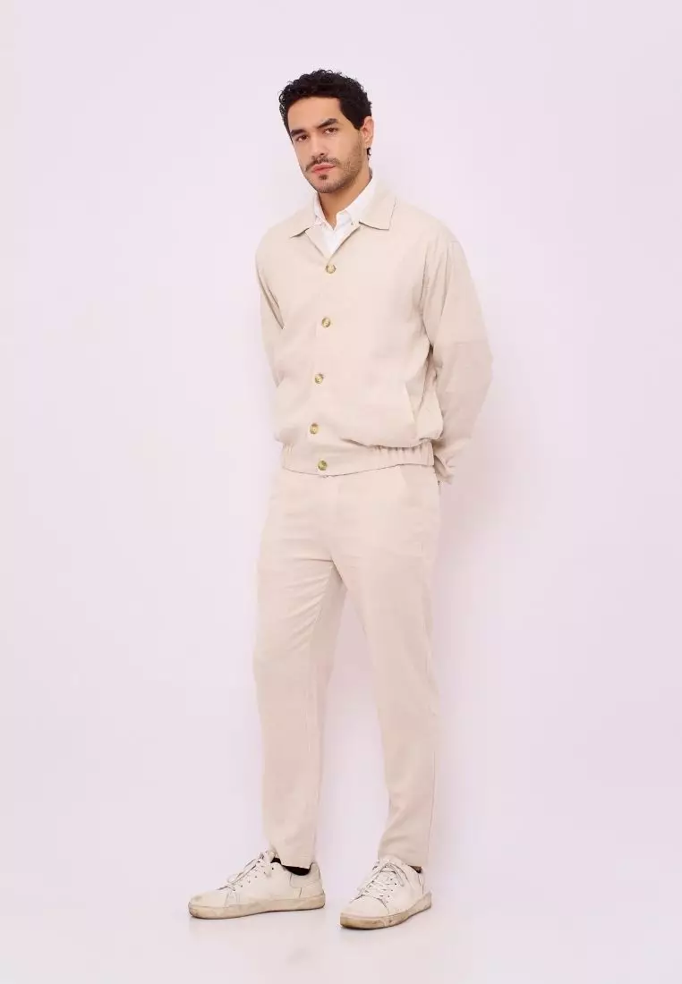 Aneto Jaket Bomber Pria Linen Warna Cream | Linen Bomber Jacket Men Cream