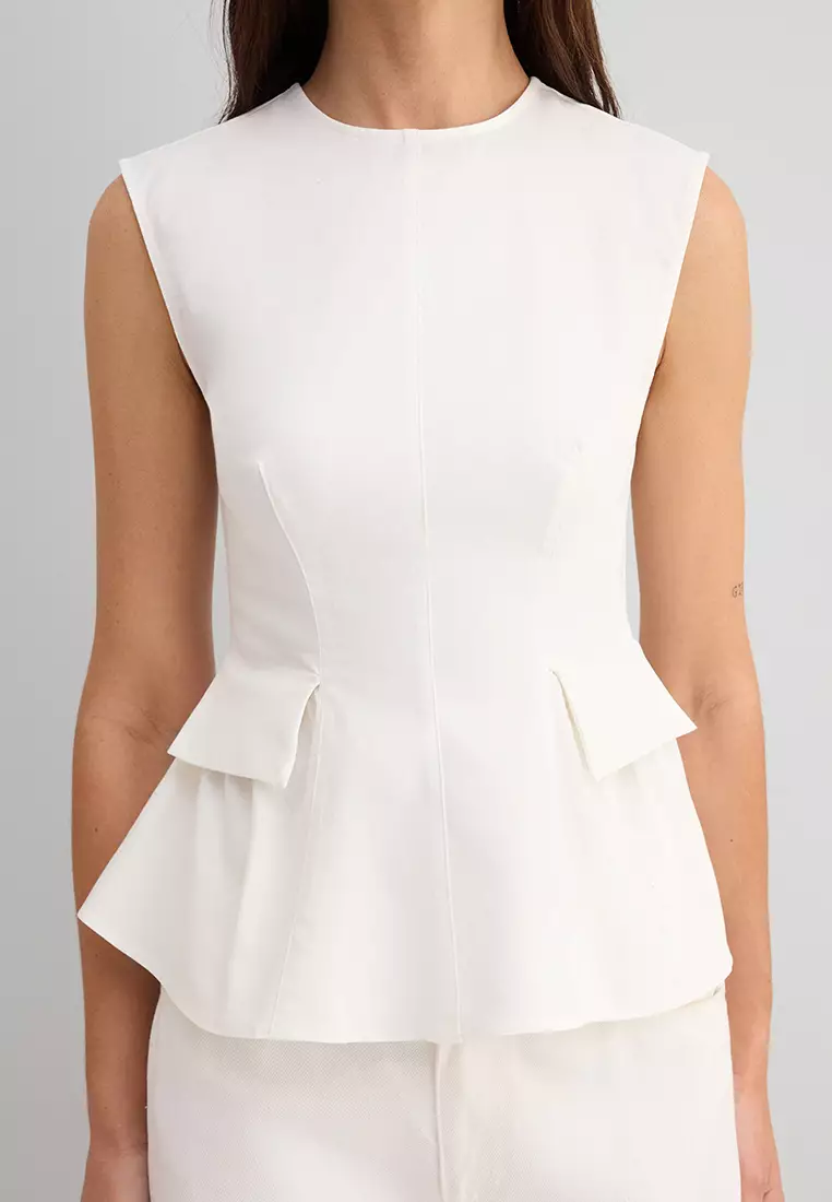 Ecru White Cotton Gabardine Peplum Fitted Pocket Detailed Woven Blouse TWOSS25BZ00538