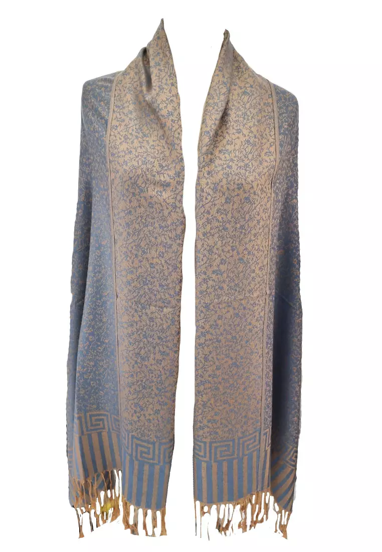 Reversible Viscose Floral Pattern Pashmina Shawl Syal Wanita Denim blue