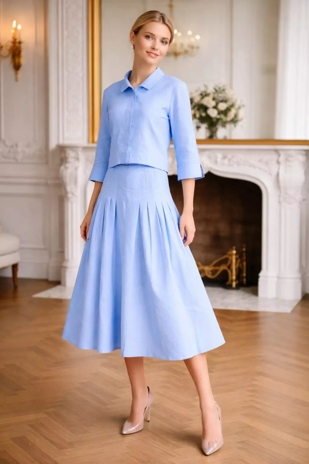Demure Studio - Essentials Cropped Shirt & Skirt One Set Linen Sky Blue (One Set Shirt & Skirt)