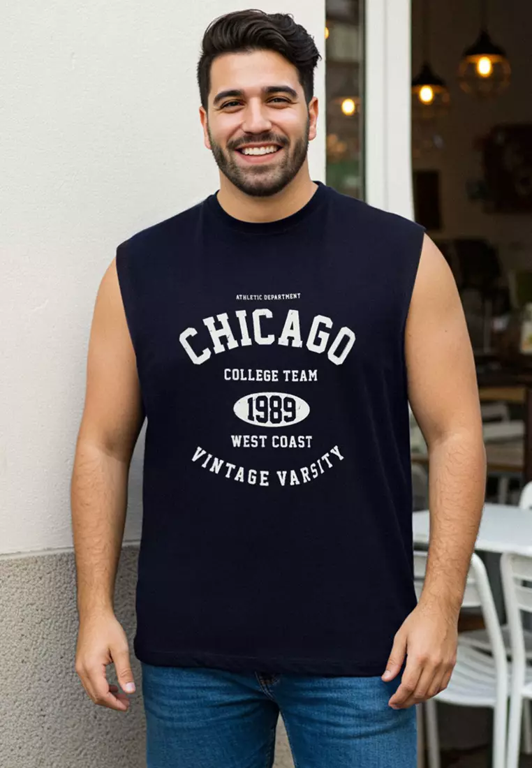 Navy Blue Oversize/Wide Cut Sleeveless Chicago Print Plus Size Tank Top TMNSS25CV00001