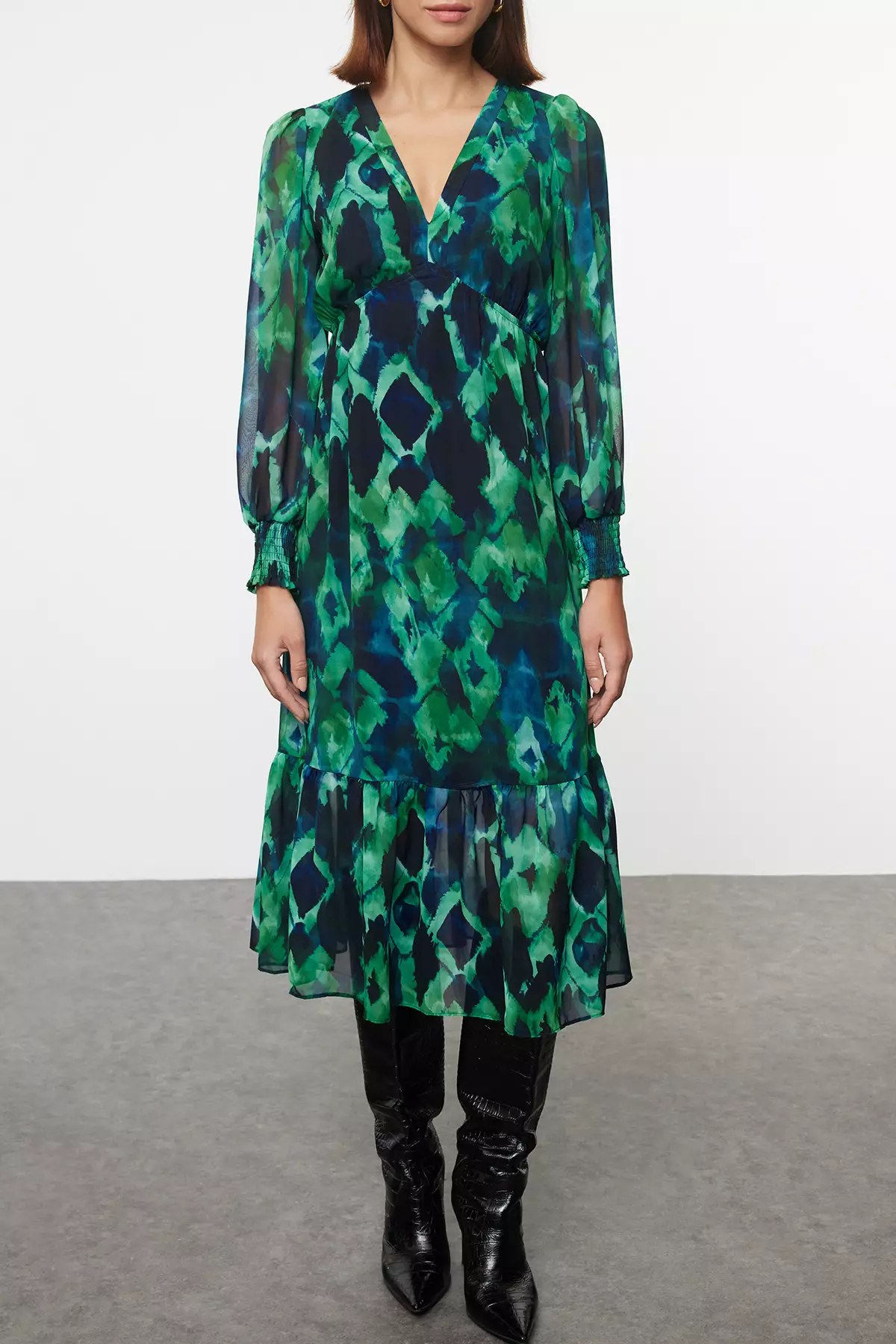 Green Lined Midi Chiffon Dress Abstract Pattern Waist Opening