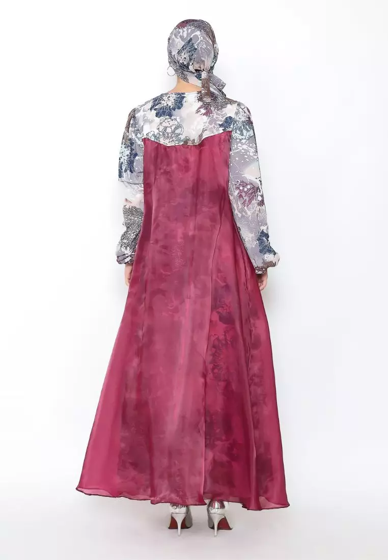 Rinjanie x Senorita  - Gamis Rosslen Red Wine - Gamis Set Scarf Raya - Gamis Set - Gamis Printing Mix Organza - Dress Raya - Dress mix organza - GMKY - RW