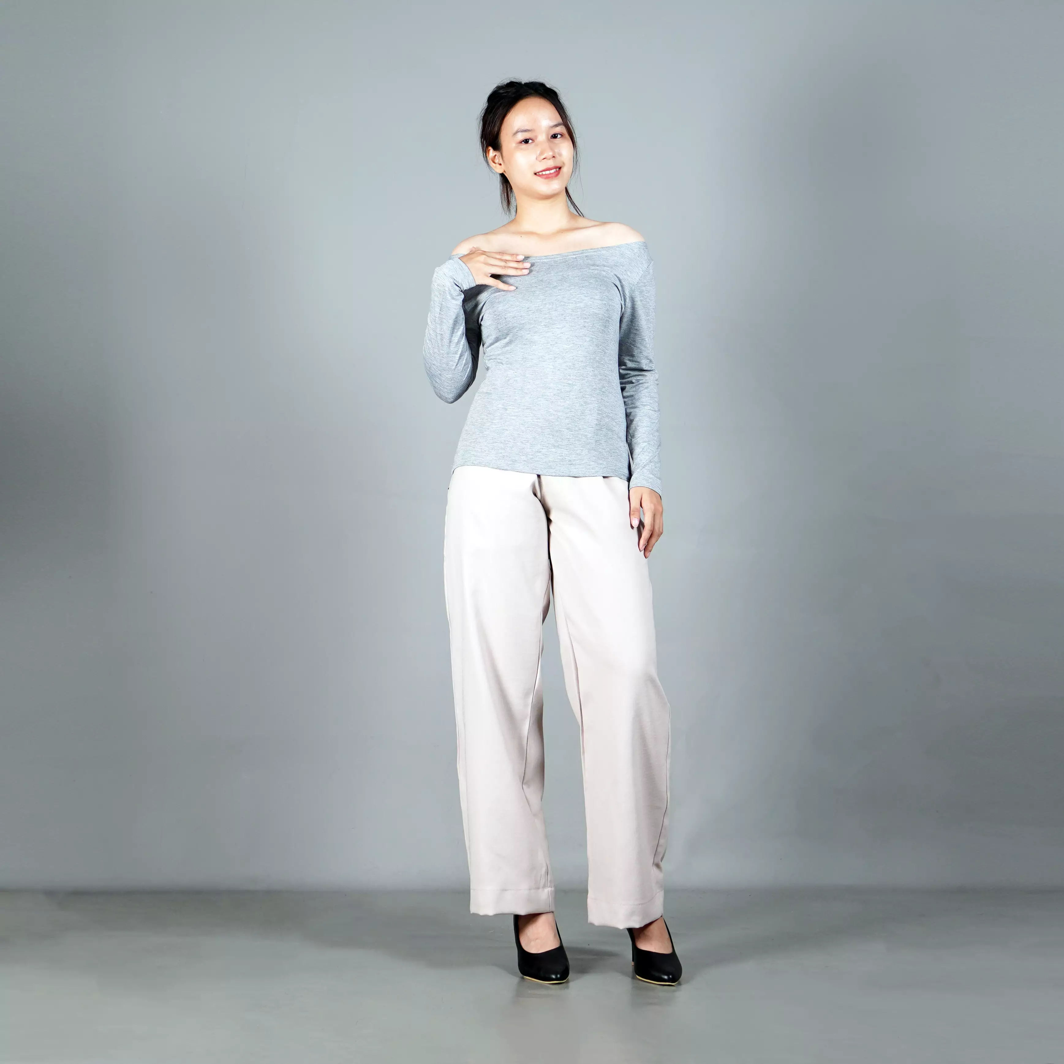 SABRINA Kaos Lengan Panjang Sabrina Top Korean Style Atasan Wanita Gaya Kore - ABU MUDA