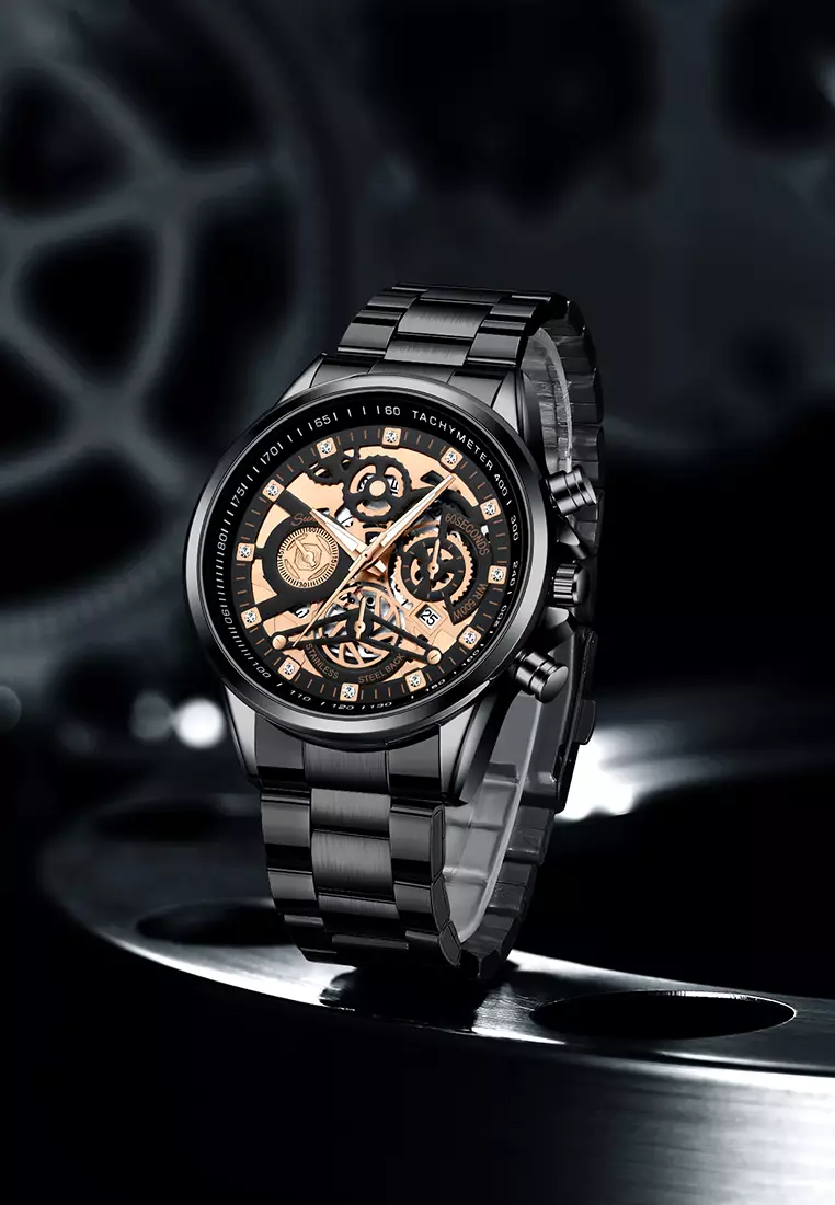 Jam Tangan Pria 3352 Bercahaya Dial Berongga Santai Mode Tali Stainless Steel Kalender Jam Tangan Cowok black