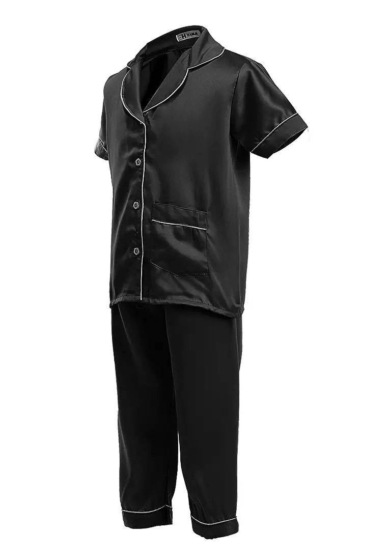 Joyce Piyama Anak Unisex Lengan Pendek Kids Pajamas Motif Polos Material Satin ORIGINAL - Black