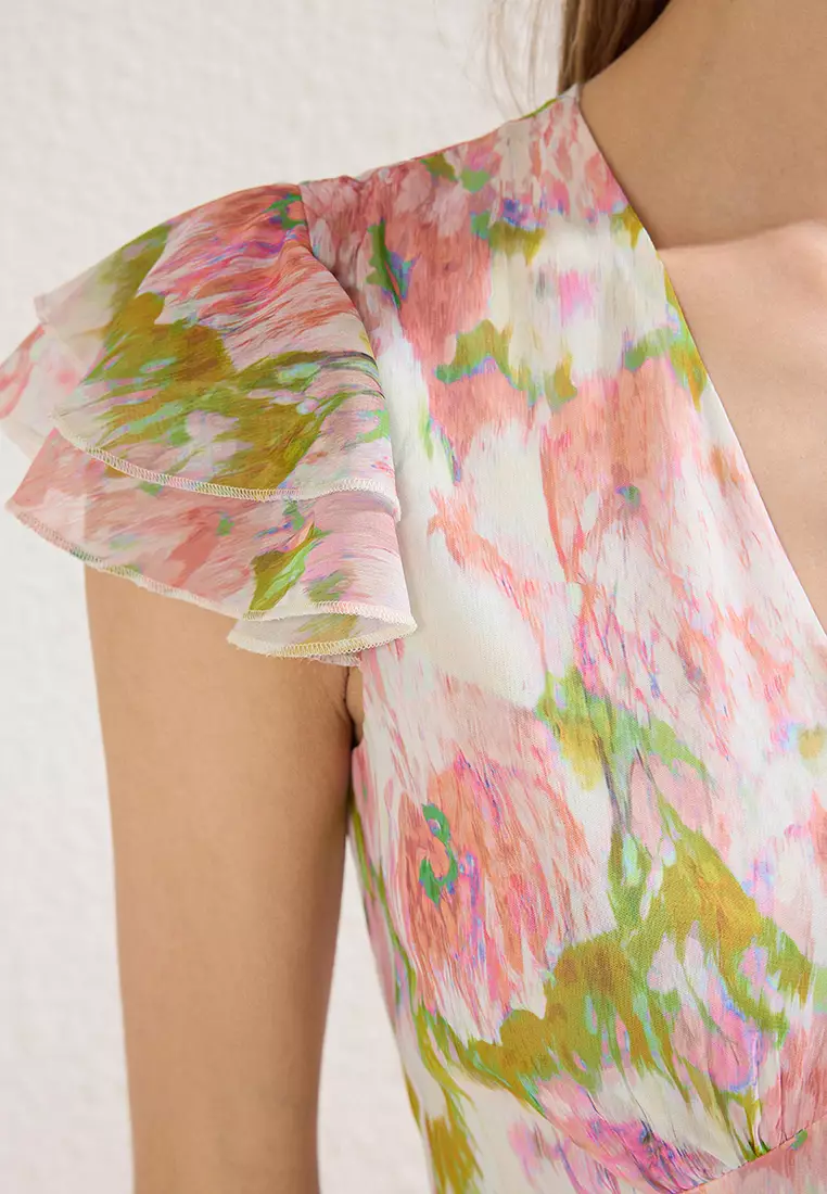 Multicolored Floral Patterned A-Line Ruffle Midi Woven Dress