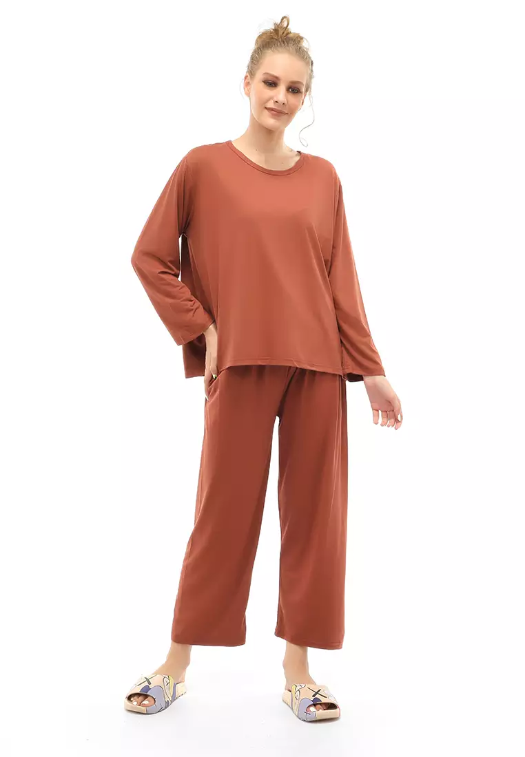 Vance Setelan Piyama Baju Tidur Wanita Nopouch Lengan Panjang Material Spandex ORIGINAL - Brown
