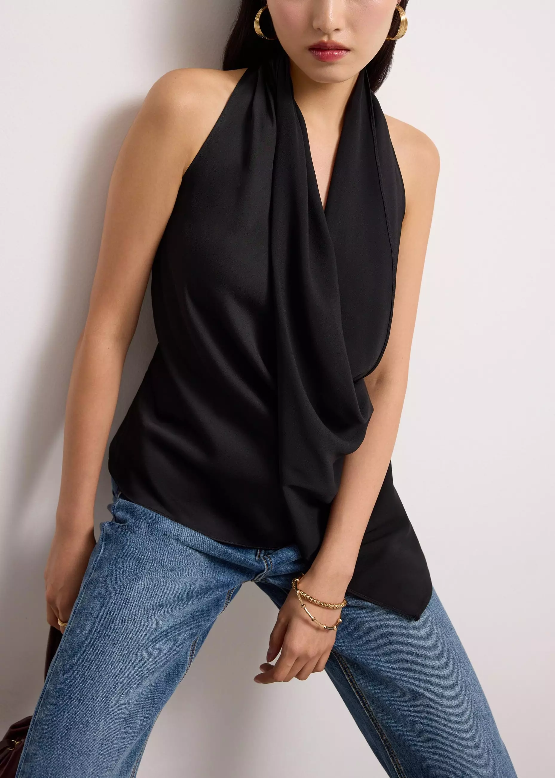 Atasan Wanita - Satin Cowl Neck Halter Fitted Top